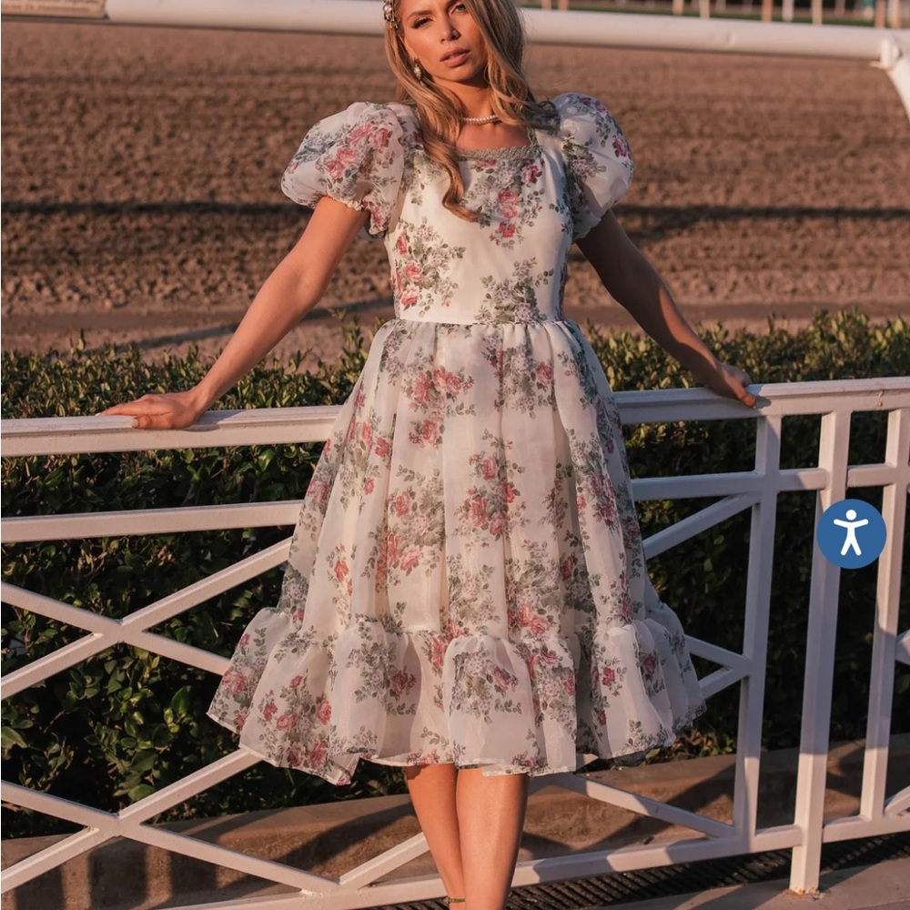 JessaKae White Floral Midi Dress with Pink & Green Accents - Picture 4 of 5